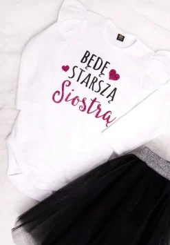 Będę starszą siostrą body z falbankami przy rękawkach