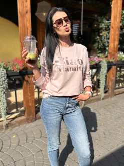 Bluza damska brudny róż z nadrukiem Ciao Mamita