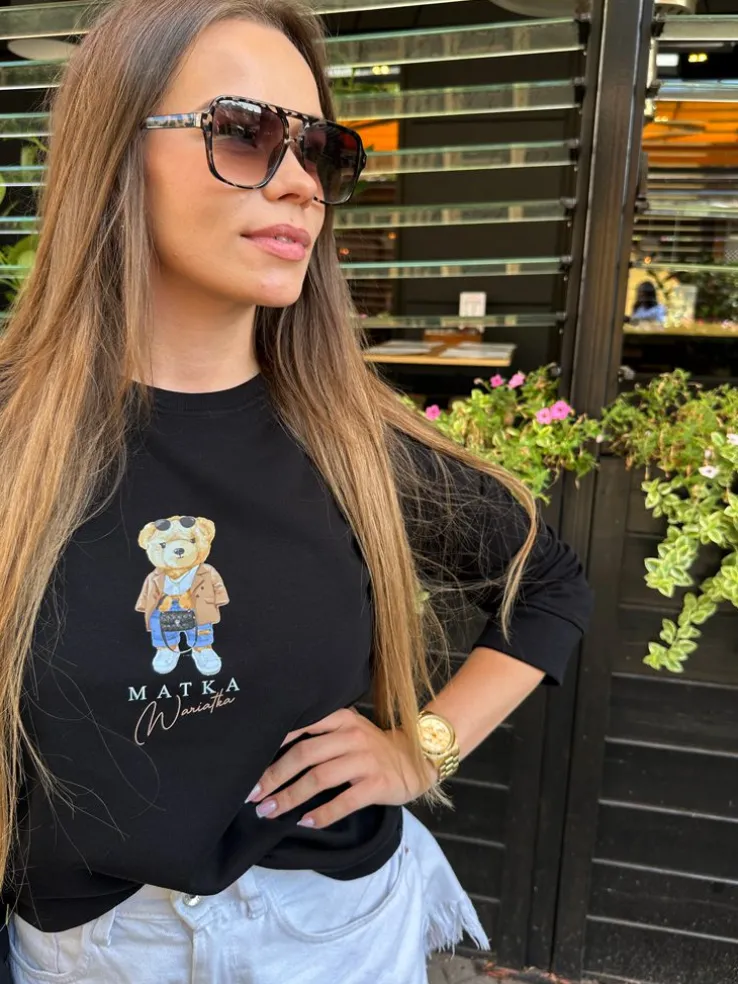 Bluza damska czarna z nadrukiem misia