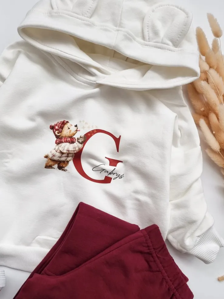 Bluza z kapturem z uszkami inicjał z misiem