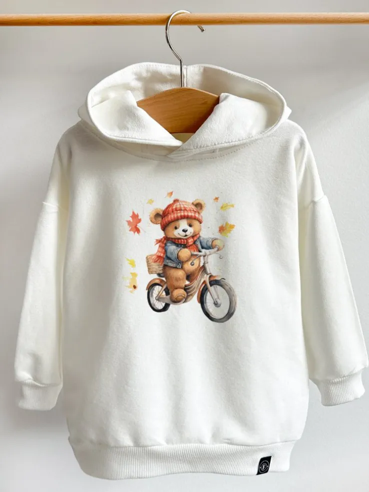 Bluza z kapturem z uszkami jesienny miś na rowerze