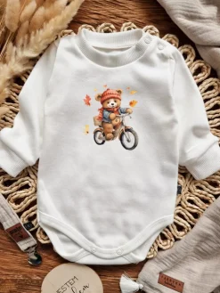 Body niemowlęce jesienny miś na rowerze