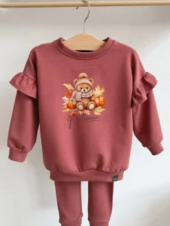 Ceglany komplet miś w jesiennych liściach bluza + getry prążek