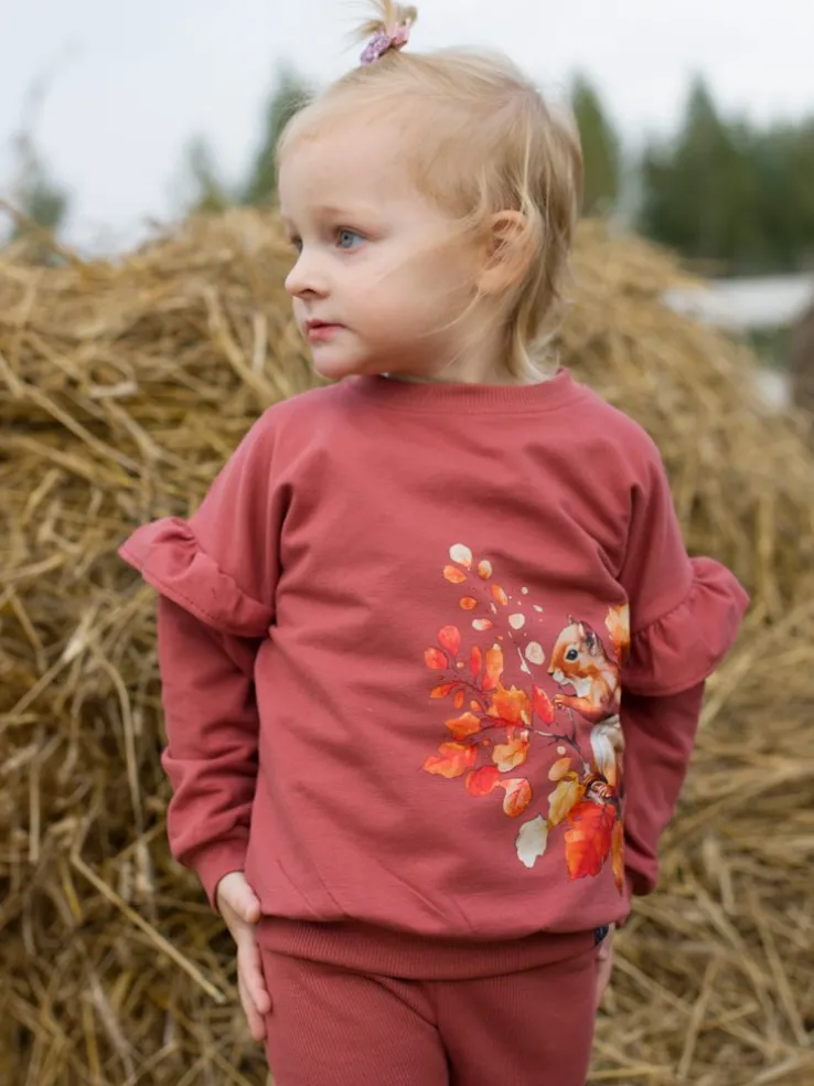 Ceglany komplet wiewiórka na gałęzi bluza + getry prążek
