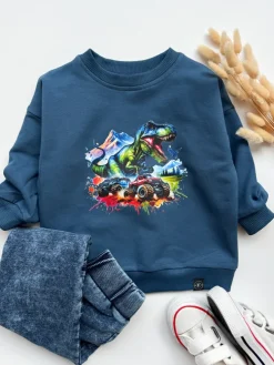 Ciemnoniebieska bluza dziecięca kolorowy t-rex rozmiar 128