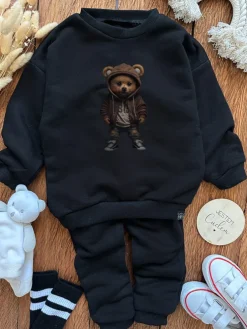 Czarny komplet dresowy niedźwiadek w kapturze bluza + spodnie