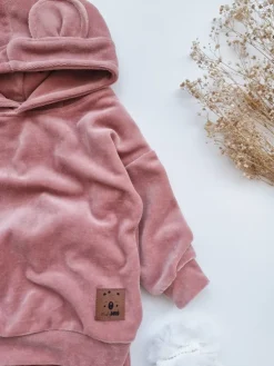Dres welurowy dziecięcy brzoskwiniowy róż bluza + spodnie