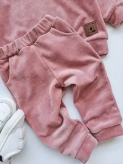Dres welurowy dziecięcy brzoskwiniowy róż bluza + spodnie
