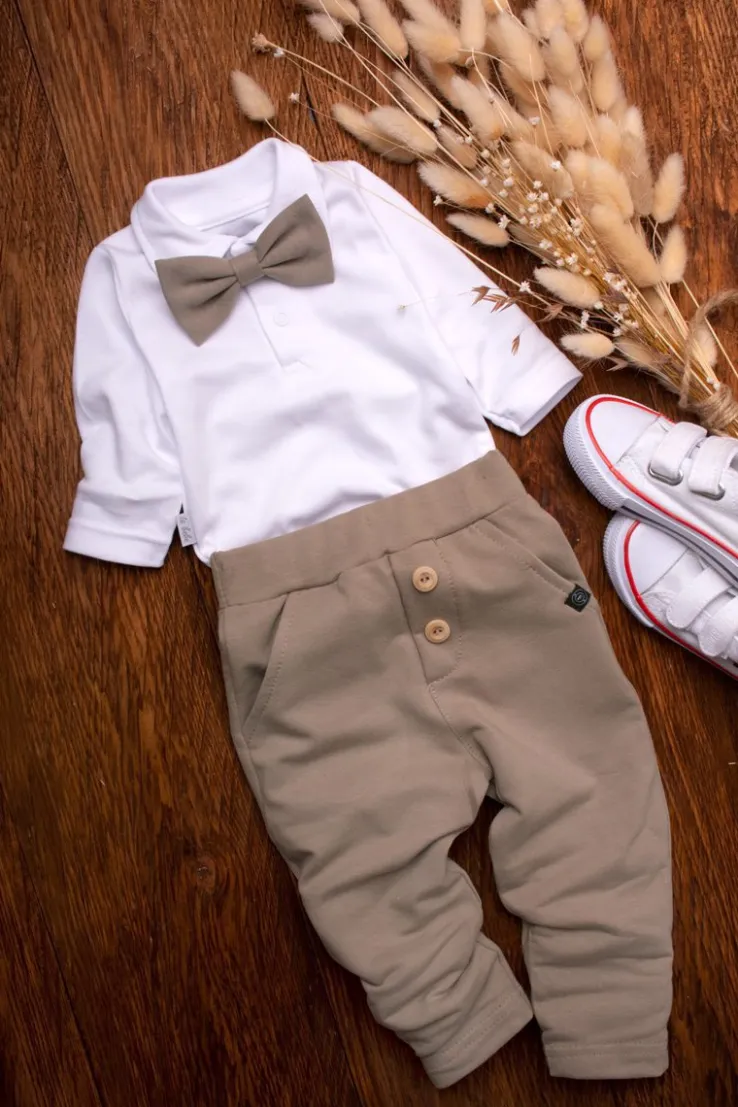 Elegancki komplet dla chłopca body polo + mucha + spodnie