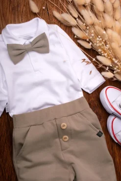 Elegancki komplet dla chłopca body polo + mucha + spodnie