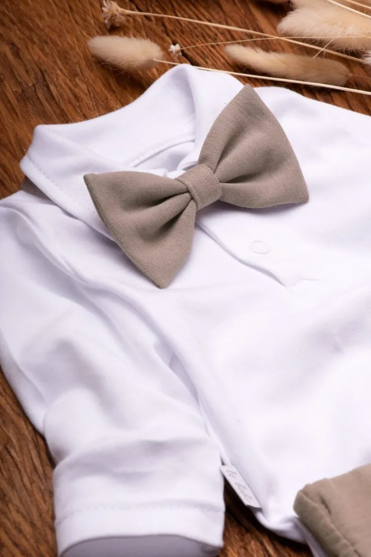 Elegancki komplet dla chłopca body polo + mucha + spodnie