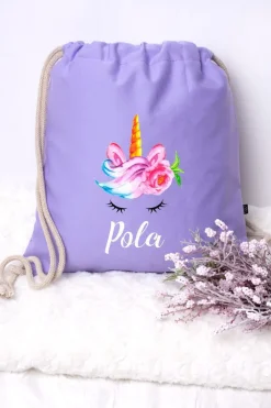Fioletowy worek plecak z jednorożcem + imię dziecka