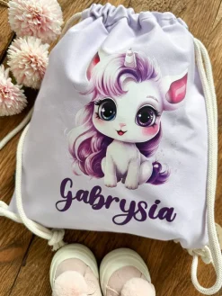 Fioletowy worek z nadrukiem jednorożca + imię