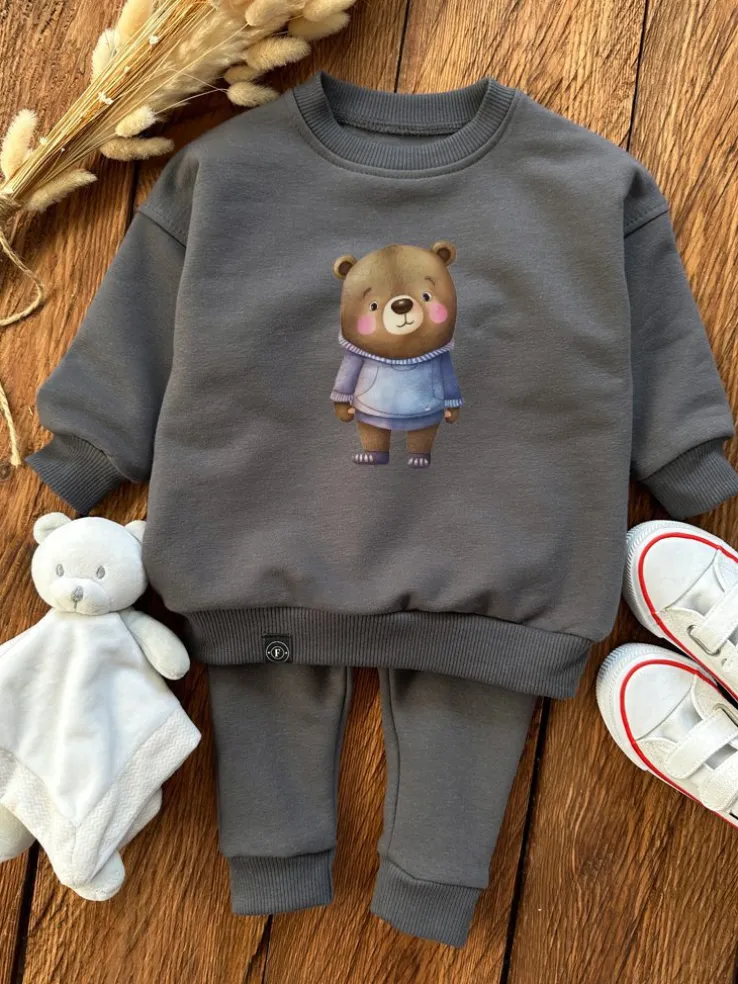 Grafitowy komplet dresowy niedźwiadek z rumieńcami bluza + spodnie