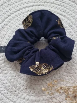 Gumka scrunchie do włosów granatowa złote listki