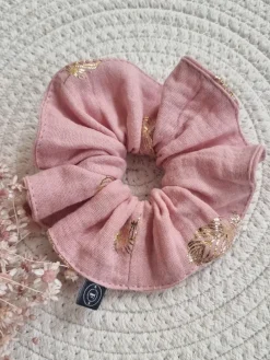 Gumka scrunchie do włosów różowa złote listki