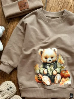 Kawowy komplet dresowy jesienny niedźwiadek w kurtce bluza + spodnie