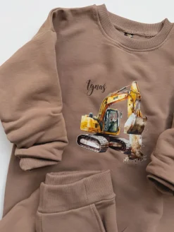 Kawowy komplet dresowy koparka z imieniem bluza + spodnie
