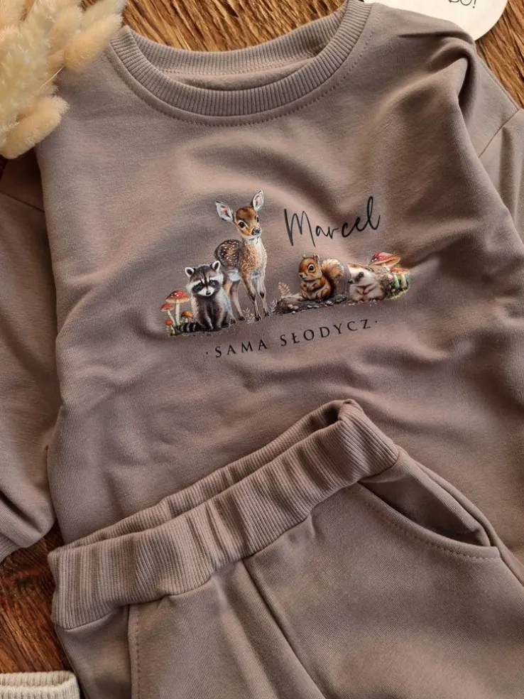 Kawowy komplet dresowy leśni przyjaciele sama słodycz bluza + spodnie
