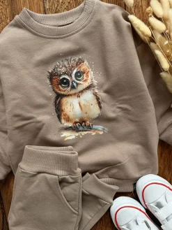 Kawowy komplet dresowy z sówką bluza + spodnie