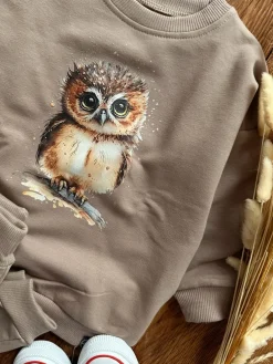 Kawowy komplet dresowy z sówką bluza + spodnie