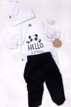 Komplet Body z pandą hello jestem + półśpiochy lub spodnie