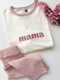 Komplet damski z nadrukiem mama (koszulka + kolarki brudny róż)
