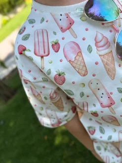 Komplet dla dziecka koszulka + spódnico – spodenki lody truskawkowe