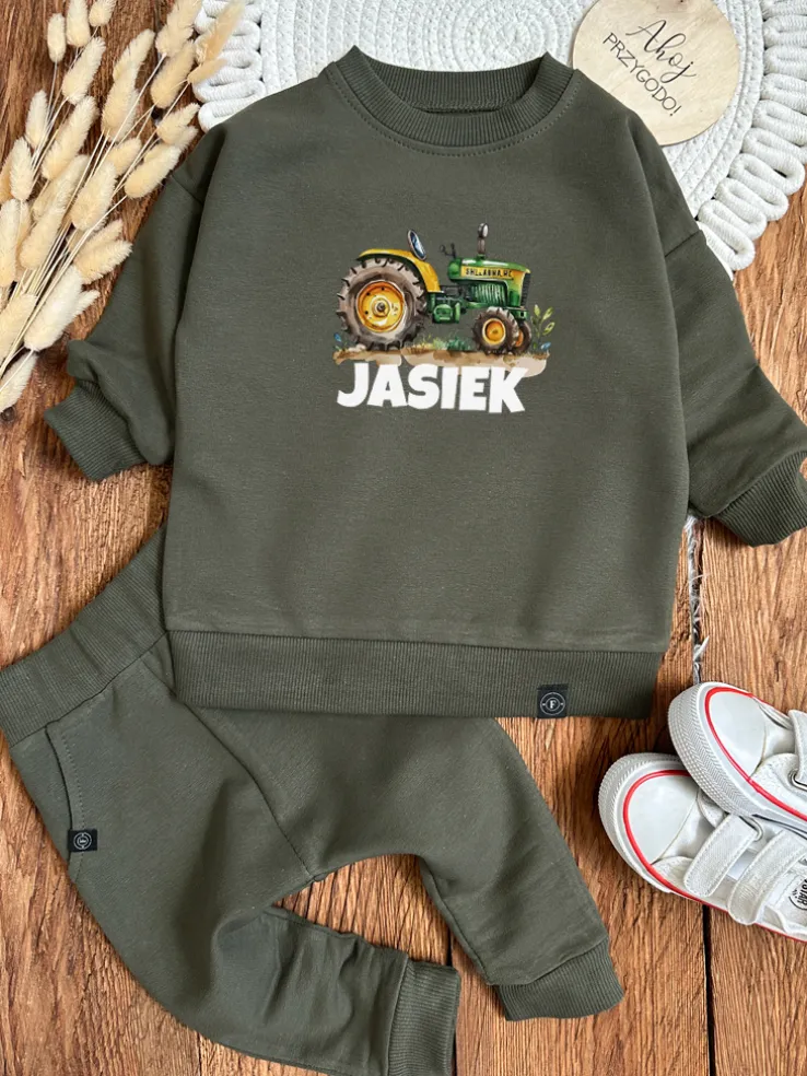 Komplet dla dziecka zielony traktor (bluza + spodnie)
