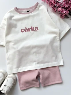 Komplet dziecięcy z nadrukiem córka (koszulka + kolarki brudny róż)