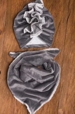 Komplet welurowy szary turban + chusta