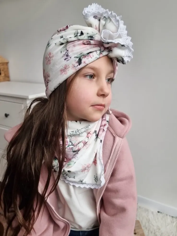 Komplet welurowy w kwiaty turban + chusta