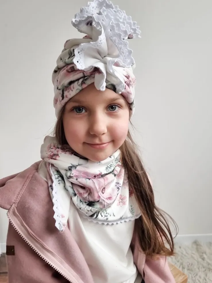 Komplet welurowy w kwiaty turban + chusta
