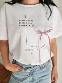 Koszulka damska #momLife z naszytą wstążką