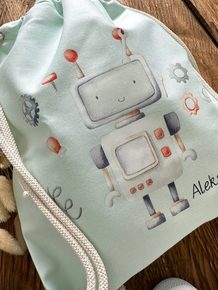 Miętowy worek plecak do przedszkola z robotem i imieniem