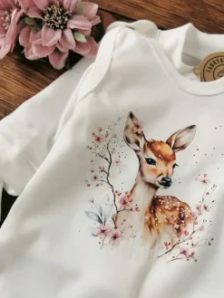 Śpiochy niemowlęce z nadrukiem sarenki w kwiatach+kaftanik