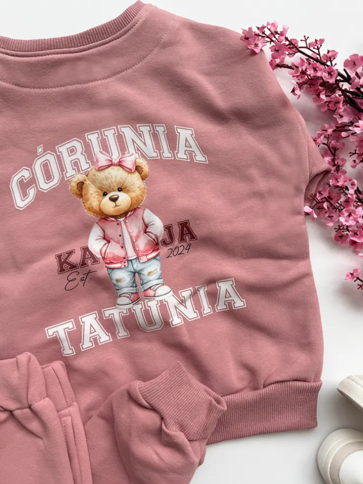 Różowy komplet dla dziecka córunia tatunia (bluza bejsbolówka + spodnie)