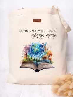 Torba z nadrukiem dobry nauczyciel uczy, najlepszy inspiruje