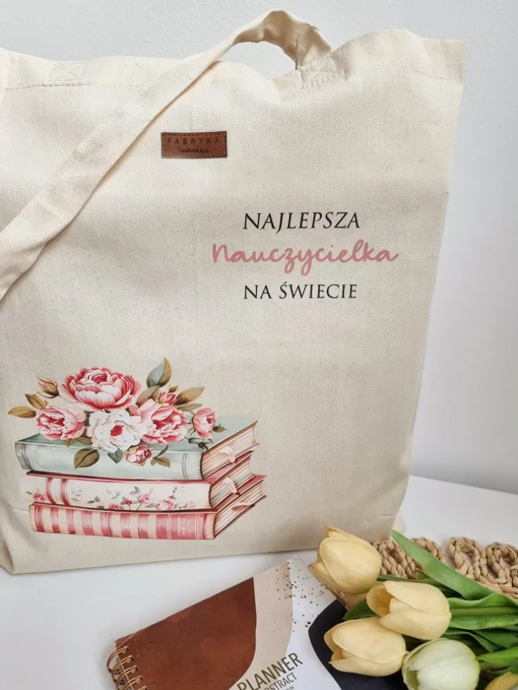 Torba z nadrukiem książek najlepsza nauczycielka