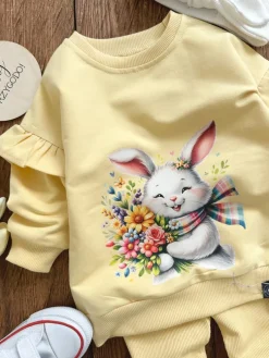Żółty komplet króliczek z bukietem kwiatów bluza + getry prążek