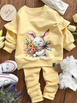 Żółty komplet króliczek z bukietem kwiatów bluza + getry prążek