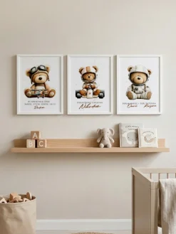 Zestaw 3 obrazków w ramkach metryczka z misiami