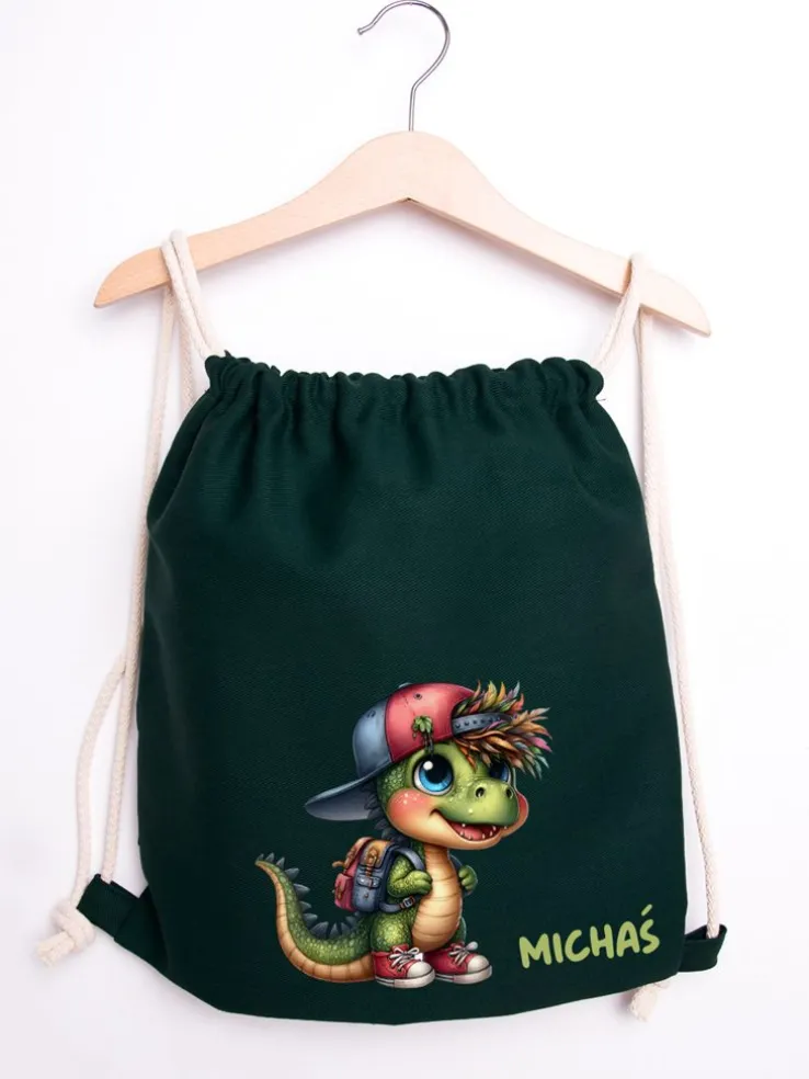 Zielony worek dla dziecka dino uczeń + imię