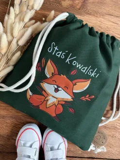 Zielony worek na buty z nadrukiem liska + imię