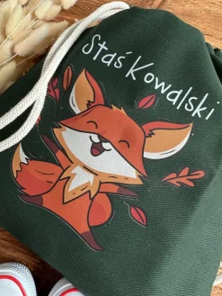 Zielony worek na buty z nadrukiem liska + imię